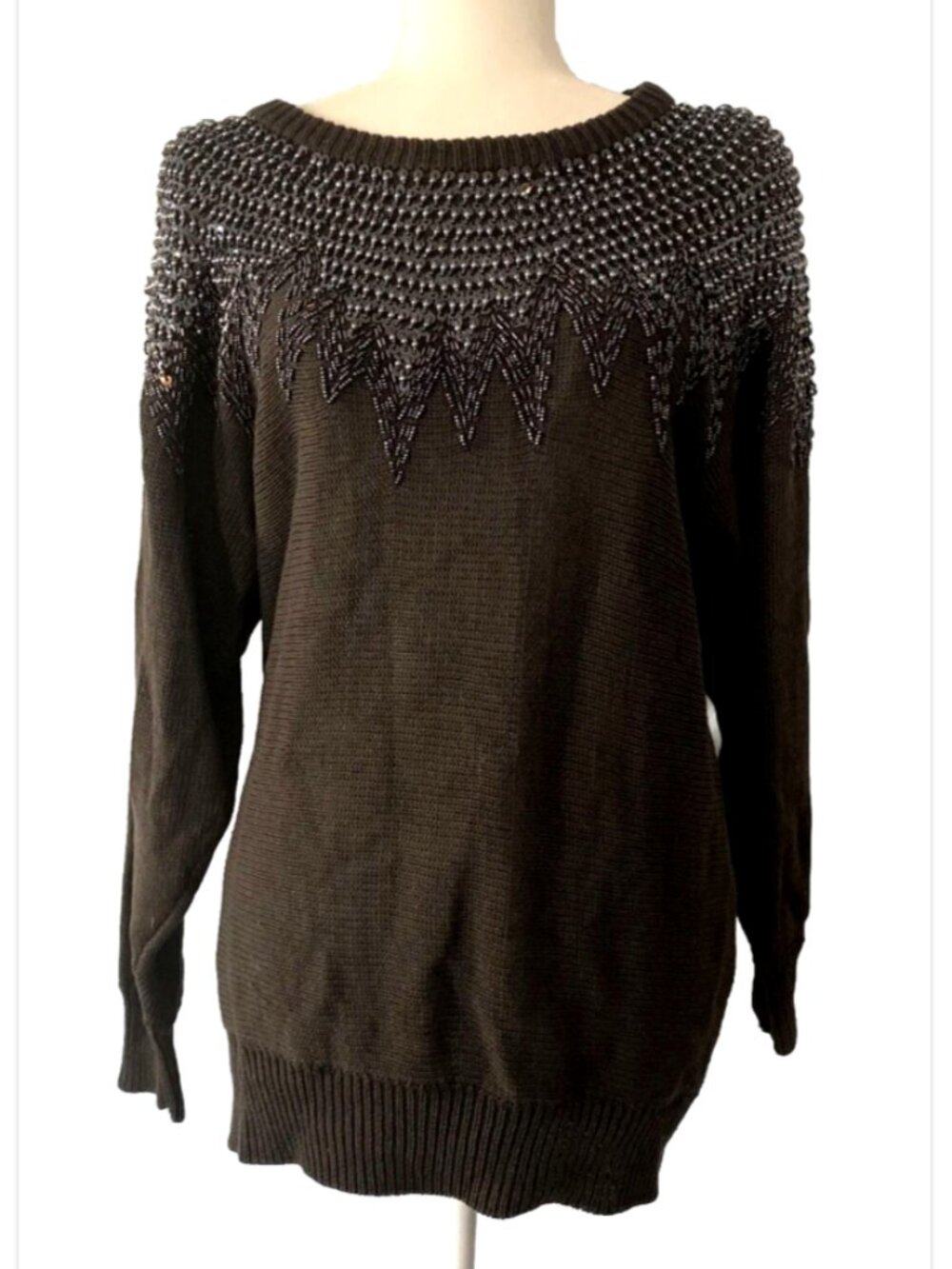 Vintage Eminent Goth Sweater Dark Gray Beaded Sequin Grunge Glam Knit Large